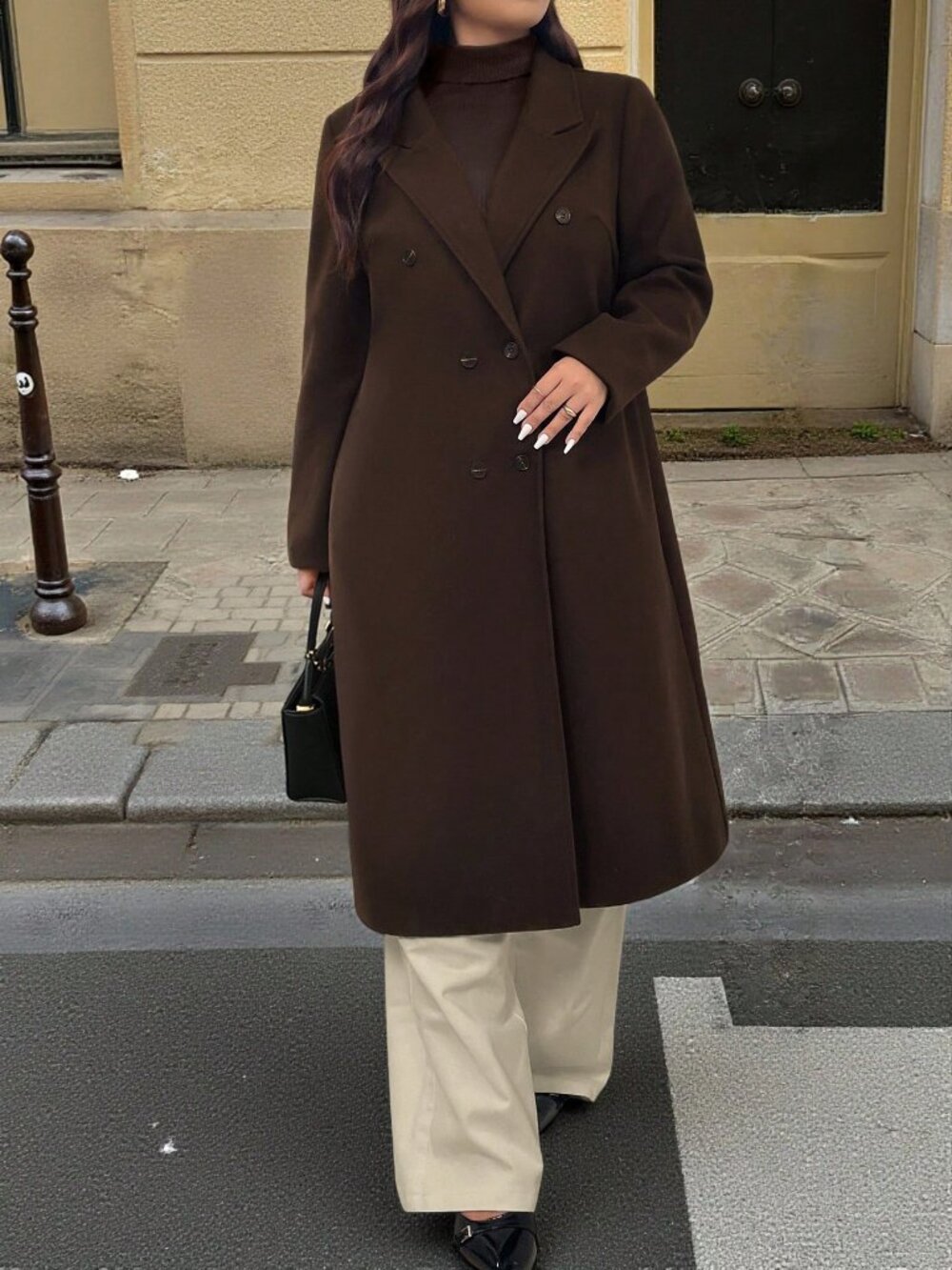 Coffee Brown Casual Women's Regular Fit Lapel Button Pocket Midi Long Jacket - Picture 3 of 6